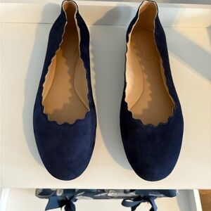 Chloe Navy Blue Scalloped Suede Flats